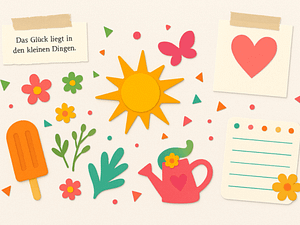 Header Design für die Blogparade #freudemal100 im Mai 2025 - Mit Notizzettel, Text und Gießkanne