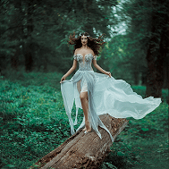 Waldfee in weißem Kleid steht auf Baumstamm
