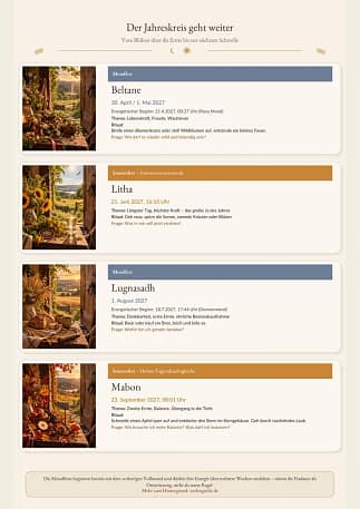 Keltischer Jahreskreis PDF-Liste – Vorschau Teil 2 Vorschau der PDF-Liste zum keltischen Jahreskreis 2026/2027 mit Beltane, Litha, Lugnasadh und Mabon