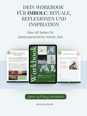 Pinterest-Pin: Das Imbolc-Workbook – drei Seiten des Workbooks als Mockup, mit Ritualen, Reflexion und Inspiration für das keltische Fest