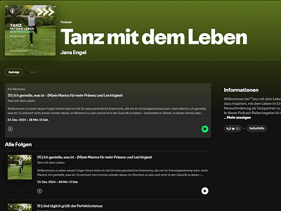 Screenshot Podcast Tanz mit dem Leben auf Spotify Screenshot meines Podcasts 'Tanz mit dem Leben' mit 20 veröffentlichen Folgen