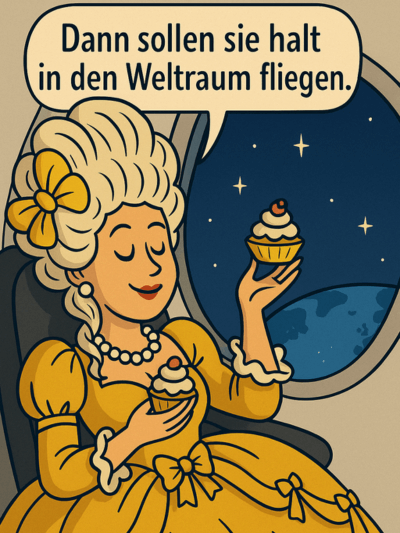 Satirische Illustration von Marie Antoinette in einer Raumkapsel mit Törtchen – Anspielung auf elitäre Gleichgültigkeit in Zeiten globaler Krisen.