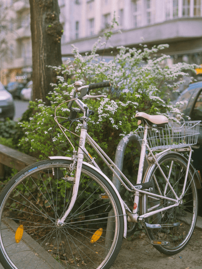 Weißes Fahrrad mit Blütenkorb – Sinnbild für Leichtigkeit und gelebte Spiritualität unterwegs
