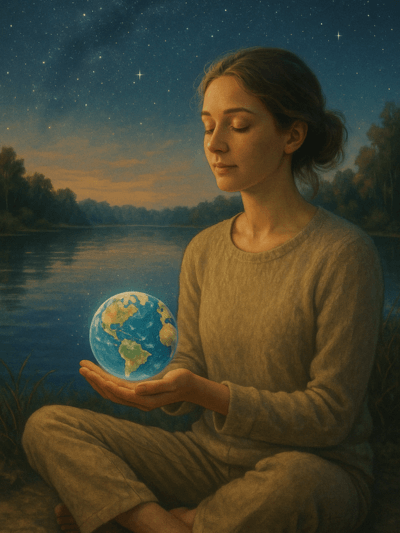 Poetische Illustration einer Frau am Wasser mit geschlossenen Augen, die eine leuchtende Erde in den Händen hält – Symbol für innere Ruhe und Haltung.