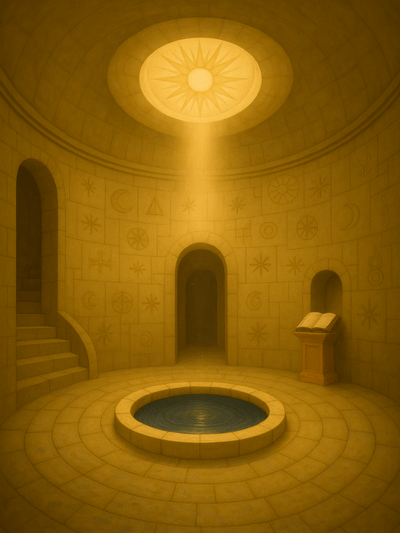 Symbolisches Bild für Seelenarbeit mit mystischen Zeichen, Toren und Lichtsymbolik