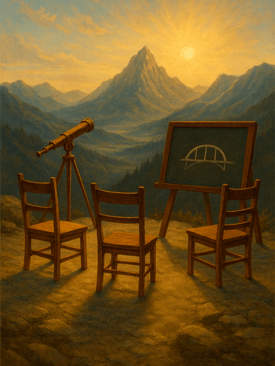Ausblick von einem Plateau auf Berge, Stühle stehen vor Bildtafel mit Symbolen für eine menschliche Zukunft
