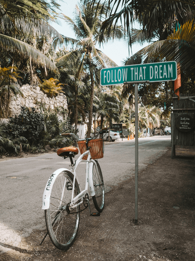 Fahrrad lehnt an einer Wand, darüber ein Schild mit der Aufschrift ‚Follow That Dream‘ - Inspiration zur eigenen Lebensaufgabe finden