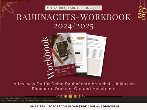 Mock-up vom Rauhnächte-Workbook mit Seiten-Beispielen und diversen Informationen