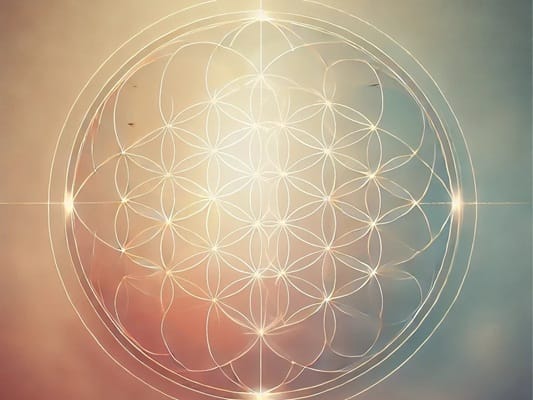 Die Blume des Lebens – Symbol für Verbundenheit und Muster des Lebens Eine goldene Blume des Lebens eingebettet in Licht und Schatten – ein Symbol für die Verbindung aller Dinge