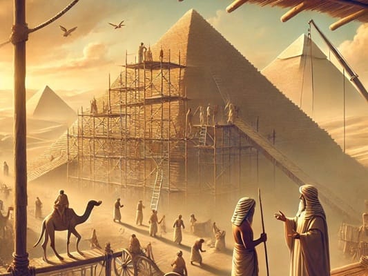 Eine realistische Darstellung eines Pyramidenbaus im alten Ägypten: Der Pharao (Manifestor) spricht mit dem Bauleiter (Projektor), während Arbeiter (Generatoren) die Pyramide errichten und ein Beobachter (Reflektor) das Geschehen reflektiert