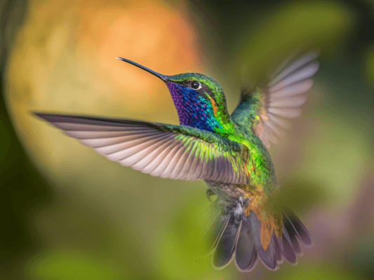 Ein Kolibri schwebt mit weit ausgebreiteten Flügeln in der Luft – verbunden mit seiner Energie und bereit, seinen eigenen Weg zu gehen.