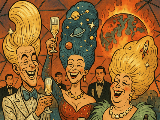 Karikaturhafte Illustration von dekadenten Figuren in Glitzer-Outfits mit Sektgläsern vor brennender Erde – satirische Anspielung auf eine entkoppelte Elite.