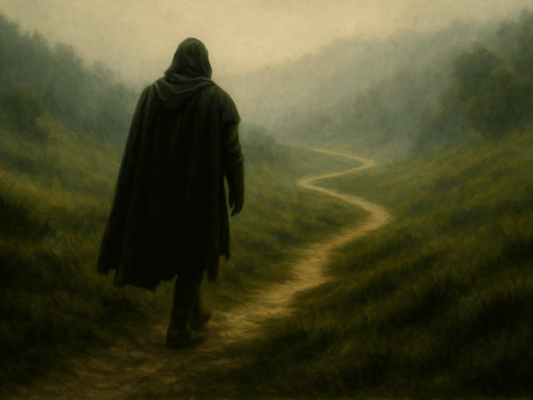 Der Wanderer allein – Archetyp des Rufes Der Mandalorian als Archetyp des einsamen Wanderers – eine einzelne Figur mit Umhang steht allein auf einem weiten Pfad, bereit zum Weitergehen