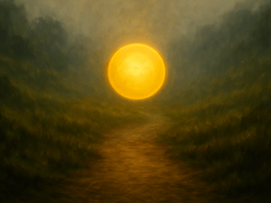 Archetypischer Pfad des Mandalorian: Eine goldene Lichtkugel schwebt über einem nebligen Weg und zeigt die Kraft des intuitiven Gehens