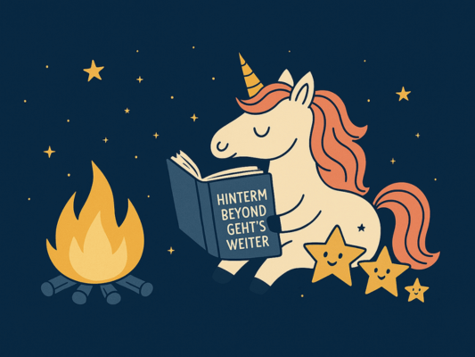 Ein Einhorn sitzt nachts mit leuchtenden Sternen am Lagerfeuer und liest aus einem Buch mit dem Titel „Hinterm BEYOND geht’s weiter“.