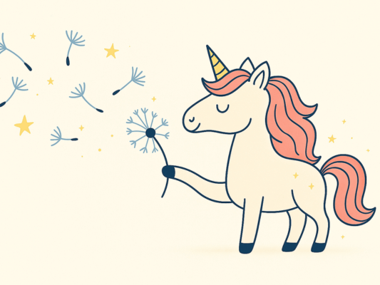 Ein Einhorn pustet mit geschlossenen Augen eine Pusteblume fort, während die kleinen Schirmchen und Sterne im Wind davonfliegen. Deine Metapher dafür, Dinge loszulassen.