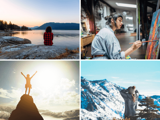 Collage mit vier Bildern, die die Selbst-Themen der vier Human Design Typen symbolisieren: Frieden – eine Frau blickt gelassen über einen ruhigen See (Manifestor), Zufriedenheit – eine Frau malt vertieft an einem Bild (Generator), Erfolg/Anerkennung – eine Frau steht auf einem Berggipfel mit ausgebreiteten Armen (Projektor) und Überraschung/Erstaunen – eine Person betrachtet eine schneebedeckte Berglandschaft mit sichtbarer Begeisterung (Reflektor)