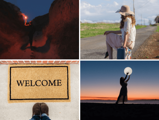 Eine visuelle Darstellung der Human Design Strategien der vier Typen: Ein Manifestor (informieren, dann initiieren), symbolisiert durch einen Fackelträger, der den Weg weist. Ein Generator (warten, um auf das Leben zu antworten), dargestellt durch eine wartende Frau auf einem Koffer. Eine Projektorin (warten auf Einladung), die vor einer Welcome-Fußmatte steht und wartet einzutreten. Ein Reflektor (einen Mondzyklus abwarten), verkörpert durch eine Frau, die den Mond in ihren Händen hält – als Symbol für den Mondzyklus und reflektierende Weisheit.