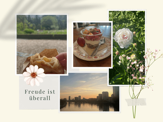 Visuelle Collage „Freude ist überall“ mit Erdbeerfrühstück, Croissant, Blumen und Skyline – Ausdruck kleiner Alltagsfreuden