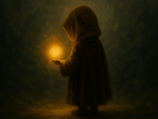 Das Kind mit dem Licht – Symbol für das Neue Archetypisches Bild aus der Welt des Mandalorian: Ein Kind mit Kapuze hält eine leuchtende Kugel – Symbol für Wandel und das Neue