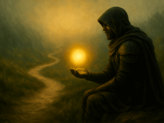 Der Moment der Wandlung – Annahme des Lichts Der Mandalorian als Archetyp in der Wandlung – ein Wanderer betrachtet eine schwebende Lichtkugel als Zeichen innerer Veränderung