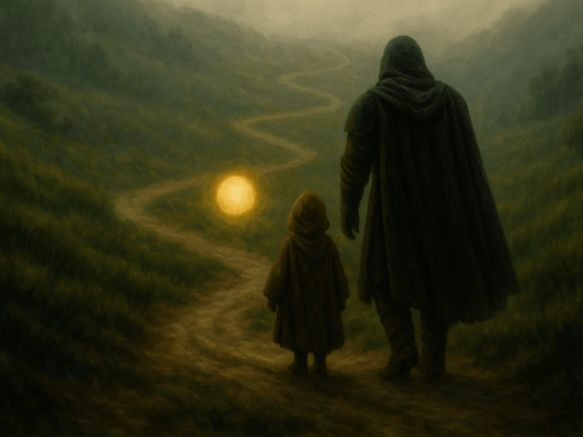 Der Weg gemeinsam – im Licht der Veränderung Symbolisches Bild für den Weg des Mandalorian: Zwei Figuren auf einem Pfad, gleitet von einer goldenen Kugel vor ihnen