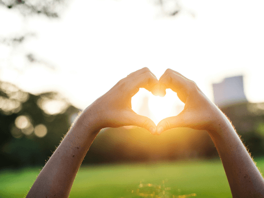 Herz aus Händen im Sonnenlicht - Symbol für Menschlichkeit und Mitgefühl