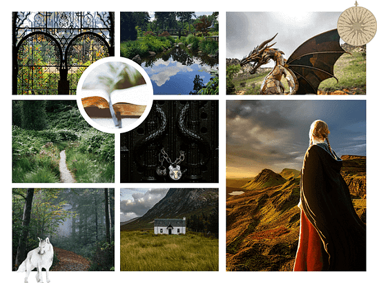 Die AKASHA-Seelenreise in BIldern: Symbole und Orte Eine Collage mit verschiedenen Symbolen einer AKASHA-Seelenreise: ein Drache, ein Teich im Garten, ein kleines Cottage und ein schmaler Weg – Beispielbilder für mögliche Stationen in der AKASHA