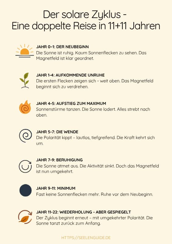 Grafik zum 11-Jahres-Zyklus der Sonne mit Darstellung von Sonnenaktivität und Polaritätsumkehr