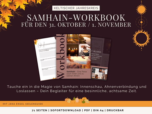 Samhain Workbook Mockup mit drei Seiten und kurzer Beschreibung des Workbooks