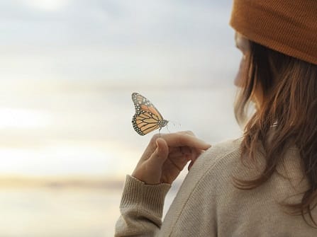 Frau schaut auf Schmetterling auf ihrer Hand