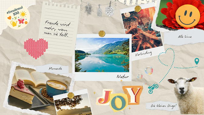 Titelbild zur Blogparade #freudemal100 mit allen Beitraegen - Collage aus Natur, Freude-Momenten und dem Wort JOY