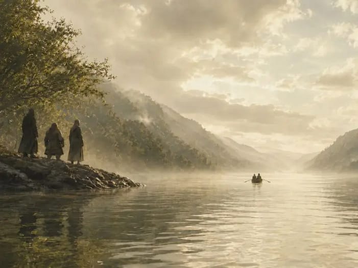 Frodo und Sam - allein weiter, aber dennoch nicht allein Zwei kleine Hobbits rudern in einem Boot über einen weiten Fluss, Gefährten stehen am Ufer - Amon Hen Herr der Ringe