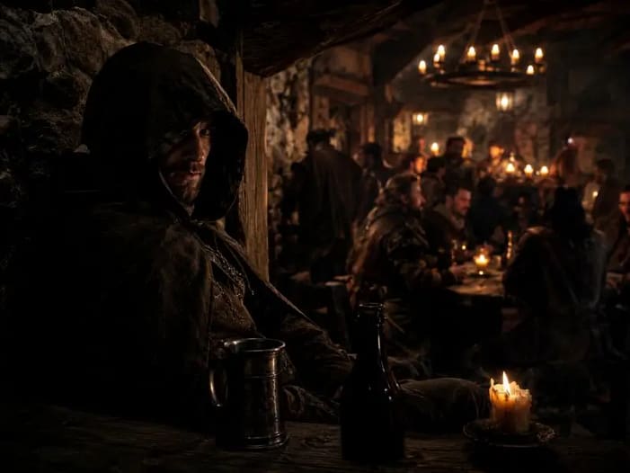 Aragorn im Tänzelnden Pony - erste Schwelle zur Außenwelt Einsame Gestalt mit Kapuze in einem dunklen mittelalterlichen Gasthaus - erste Schwelle in die Außenwelt