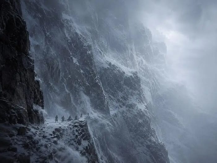 Caradhras - der Berg der abweist Kleine Gruppe mittelalterlicher Reisender an einem schneebedeckten Berghang -Caradhras Herr der Ringe
