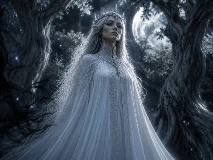 Galadriel - Macht in Selbstbegrenzung Elbenkönigin in weißem Gewand im mondlichtüberfluteten Wald - Galadriel in Lothlórien