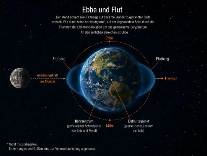 Ebbe und Flut - wie der Mond die Erde beeinflusst Infografik zur Entstehung von Ebbe und Flut durch Anziehungskraft des Mondes und Fliehkraft am Baryzentrum