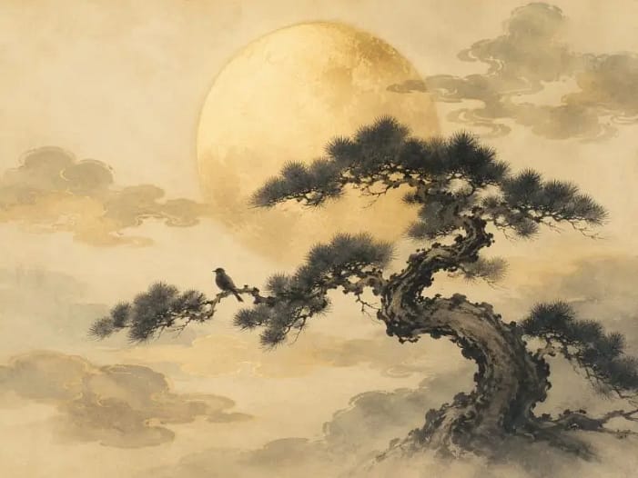 Der Mond in der japanischen Dichtung und Kunst Goldener Vollmond hinter knorriger Kiefer im Stil japanischer Tuschemalerei, mit einem Vogel auf einem Ast