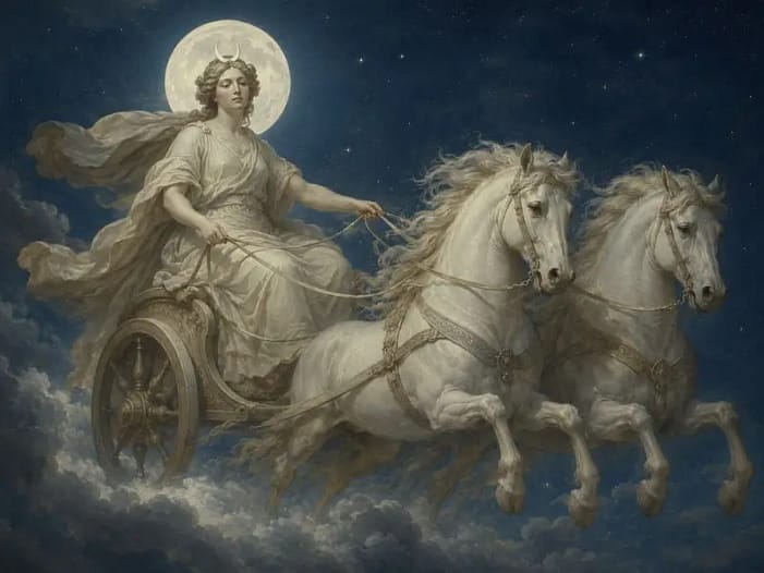 Selene, die griechische Mondgöttin - Symbol für die Bedeutung des Mondes Klassische Darstellung der Mondgöttin Selene mit Mondsichel-Krone auf einem von zwei Pferden gezogenen Wagen vor Vollmond