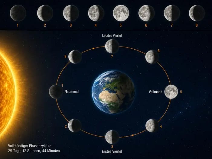 Wie entstehen die Mondphasen? Grafik zu Erde, Mond und Sonne Infografik zu den Mondphasen mit Erde, Sonne und Mond auf der Umlaufbahn, von Neumond bis Vollmond