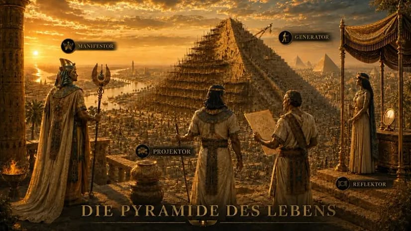 Der Pyramidenbau als Metapher für die Human Design Typen Eine realistische Darstellung eines Pyramidenbaus im alten Ägypten: Der Pharao (Manifestor) spricht mit dem Bauleiter (Projektor), während Arbeiter (Generatoren) die Pyramide errichten und ein Beobachter (Reflektor) das Geschehen reflektiert