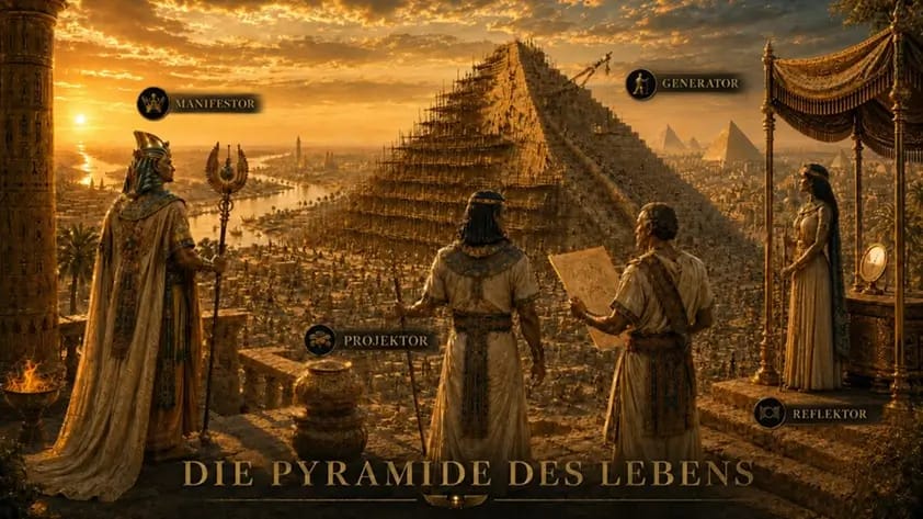 Eine realistische Darstellung eines Pyramidenbaus im alten Ägypten: Der Pharao (Manifestor) spricht mit dem Bauleiter (Projektor), während Arbeiter (Generatoren) die Pyramide errichten und ein Beobachter (Reflektor) das Geschehen reflektiert