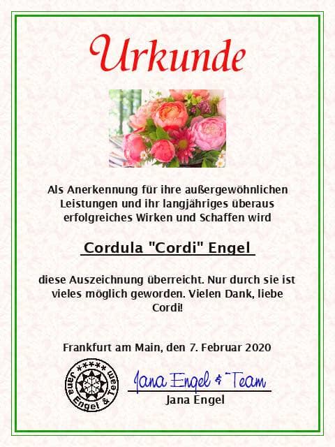 Dankesurkunde für Cordula - innerer Anteil