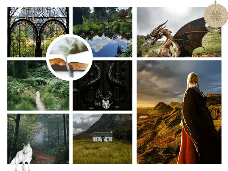 Eine Collage mit verschiedenen Symbolen einer AKASHA-Seelenreise: ein Drache, ein Teich im Garten, ein kleines Cottage und ein schmaler Weg – Beispielbilder für mögliche Stationen in der AKASHA