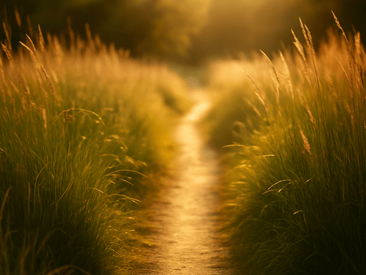 Ein goldener Weg durch Gräser - Symbol für Selbstführung im Einklang mit der Seele