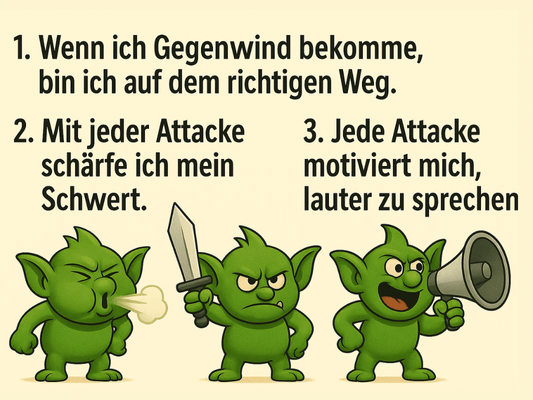 Illustration von drei grünen Trollen zu den Mantren „Wenn ich Gegenwind bekomme, bin ich auf dem richtigen Weg. Mit jeder Attacke schärfe ich mein Schwert. Jede Attacke motiviert mich, lauter zu sprechen.