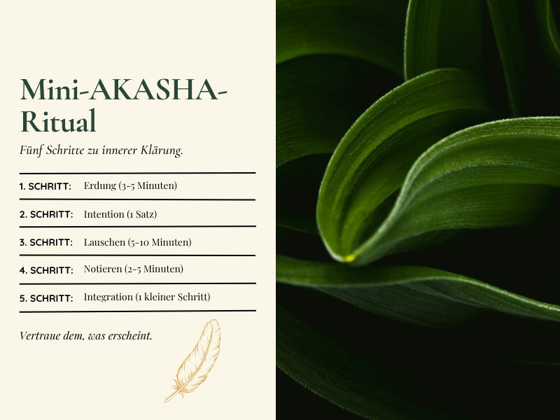 Mini-AKASHA-Ritual: Erdung · Intention · Lauschen · Notieren · Integration