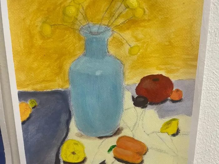 Vase mit Früchten auf Decke - Stillleben in Acryl nach Vorlage im Oktober 2025 Vase mit Früchten auf Decke - Stillleben in Acryl nach Vorlage im Oktober 2025