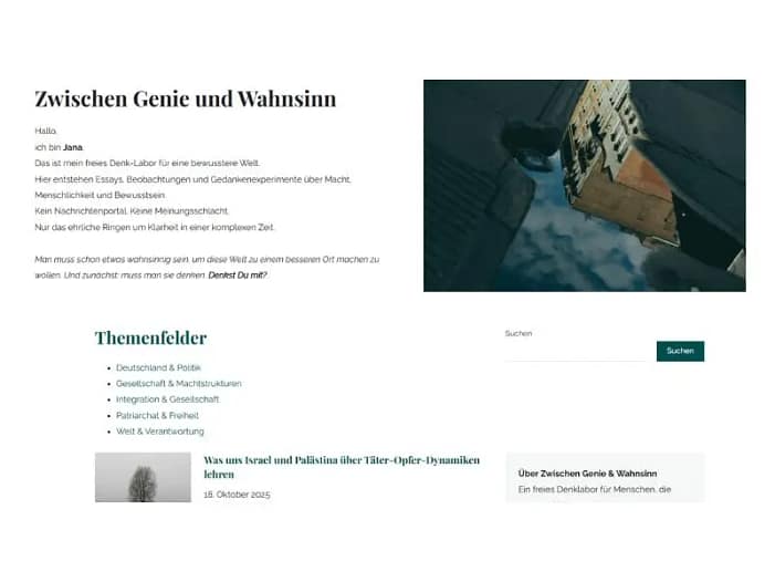 Website des Denklabors - Zwischen Genie und Wahnsinn - im Oktober 2025 Website des Denklabors - Zwischen Genie und Wahnsinn - im Oktober 2025: Im Design eines Online-Magazins